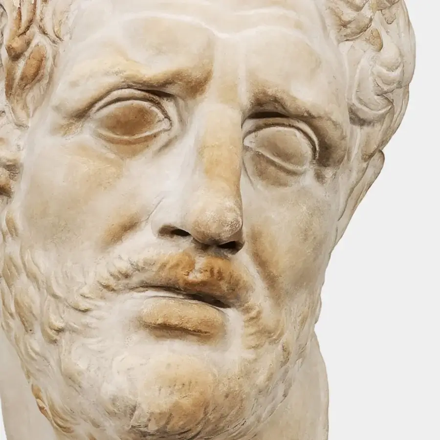 Distinguished Vèlle Milano Companion of Odysseus sculpture in cream and ochre aged plaster with leather wrapped steel base