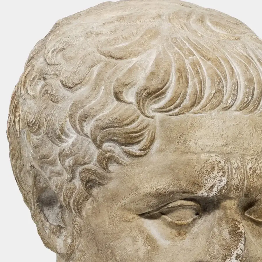Sophisticated Vèlle Milano Plato sculpture in weathered sandy beige aged effect plaster with leather clad steel base