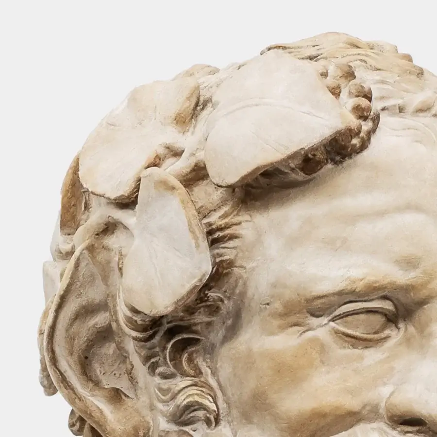 Exceptional Vèlle Milano Silenus sculpture in off white cream aged plaster with hand stitched leather wrapped steel base