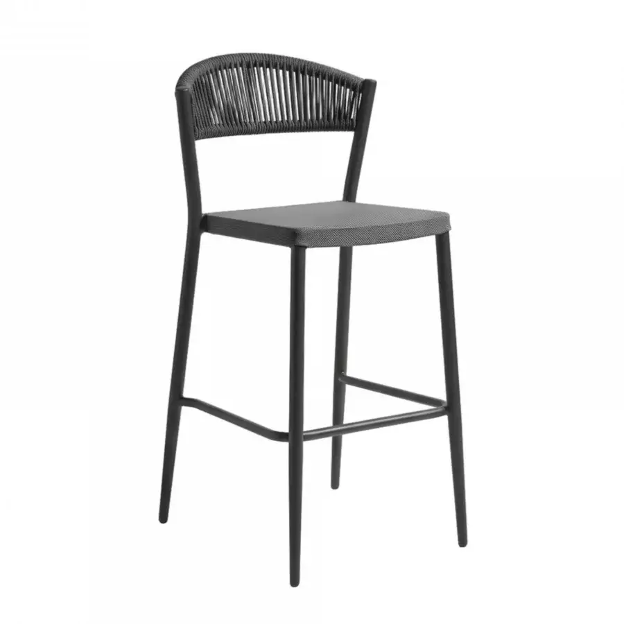 Refined Roberti Rattan Olivento barstool in matte black powder-coated aluminum with woven backrest and textured dark seat
