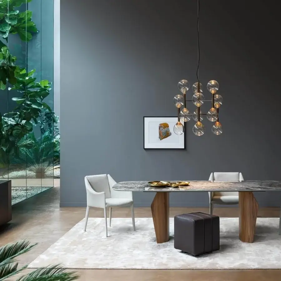 Superior Bonaldo Flame table with a glossy marble top displaying gray, beige, and brown tones crafted with a satin wood base