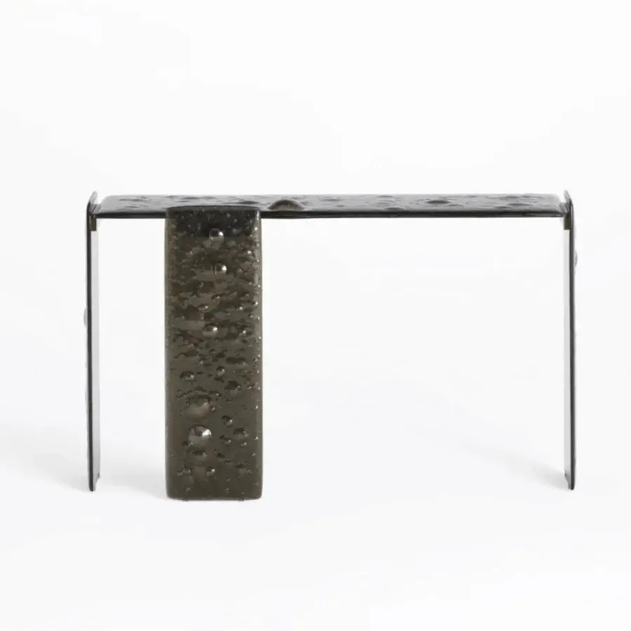 Sleek Glas Italia Opalia console in smoky grey fused glass with organic bubbles and anodized brushed aluminum legs
