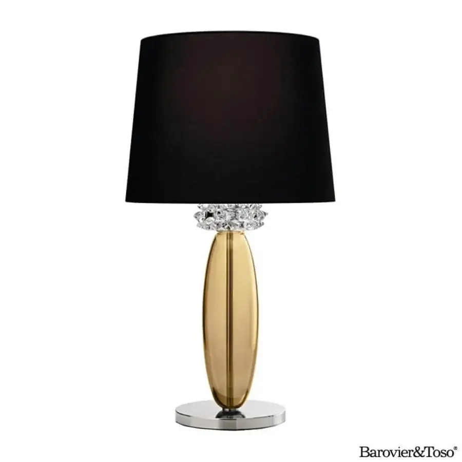 Captivating Barovier&Toso Rotterdam table lamp with a golden body, black lampshade and polished silver metal base crafted in “rostrato” crystal