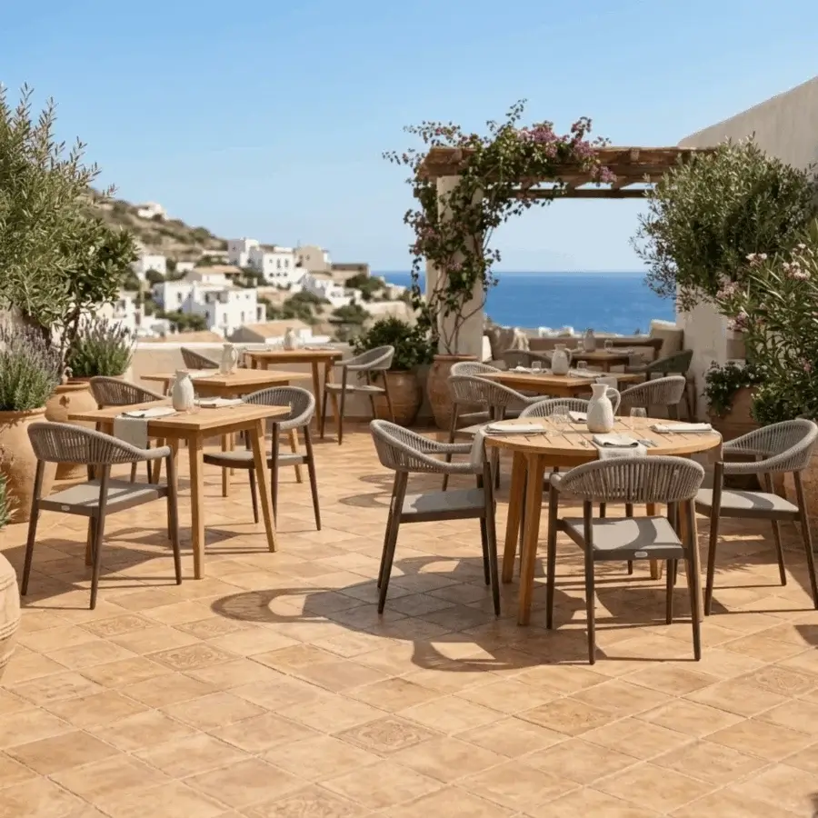 Exquisite Roberti Rattan Olivento armchair with dark brown polyester powder-coated aluminum and taupe synthetic rope weave