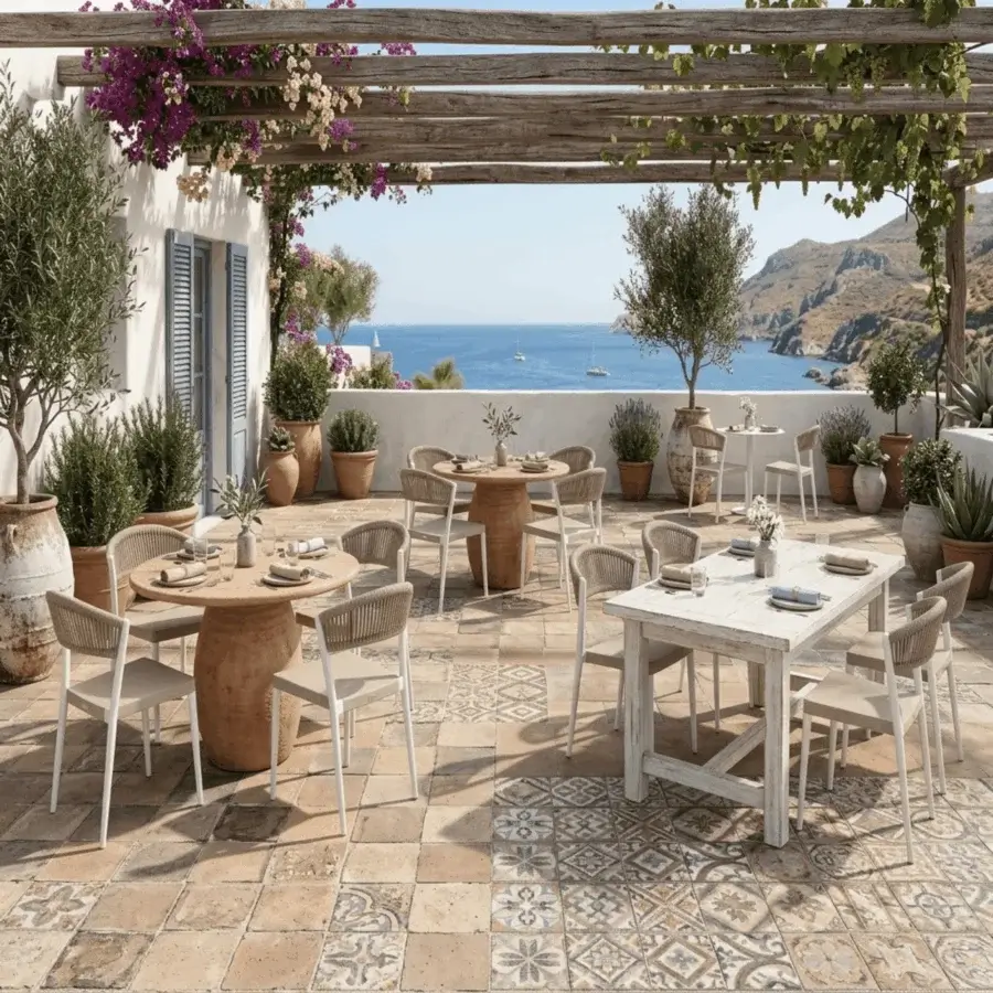 Refined Roberti Rattan Olivento chair in white powder-coated aluminum with natural beige PVC seat and synthetic rope weave