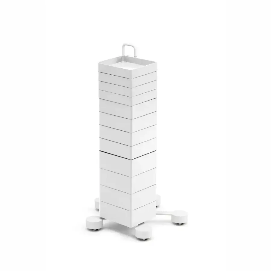 Architectural B-Line Spinny storage unit in matte white painted steel and ABS plastic with twelve drawers plus swivel casters