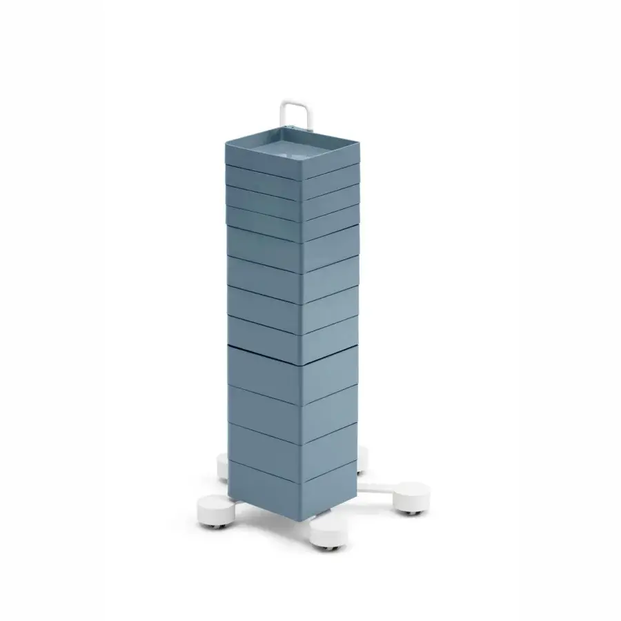 Distinguished B-Line Spinny storage unit in muted blue-grey ABS plastic with painted steel and white polypropylene casters