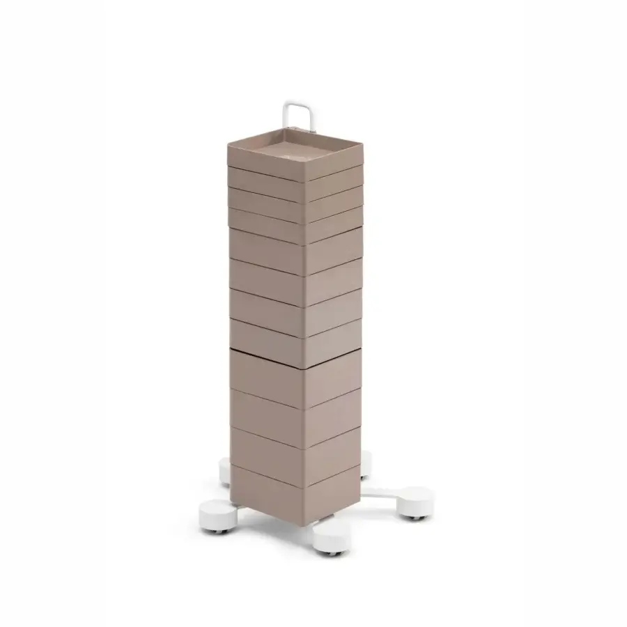 Contemporary B-Line Spinny drawer storage unit in muted taupe ABS plastic with white painted steel and polypropylene casters