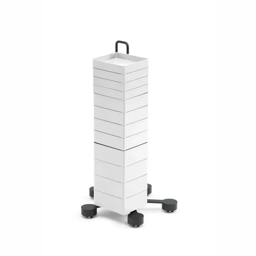Elite B-Line Spinny storage unit with twelve white injection-molded ABS plastic drawers and dark gray painted steel base