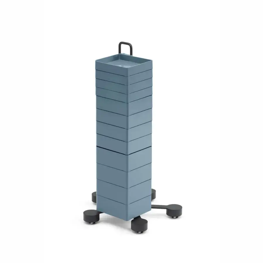 Exquisite B-Line Spinny drawer storage unit in muted blue-grey ABS plastic with painted steel structure and swivel casters