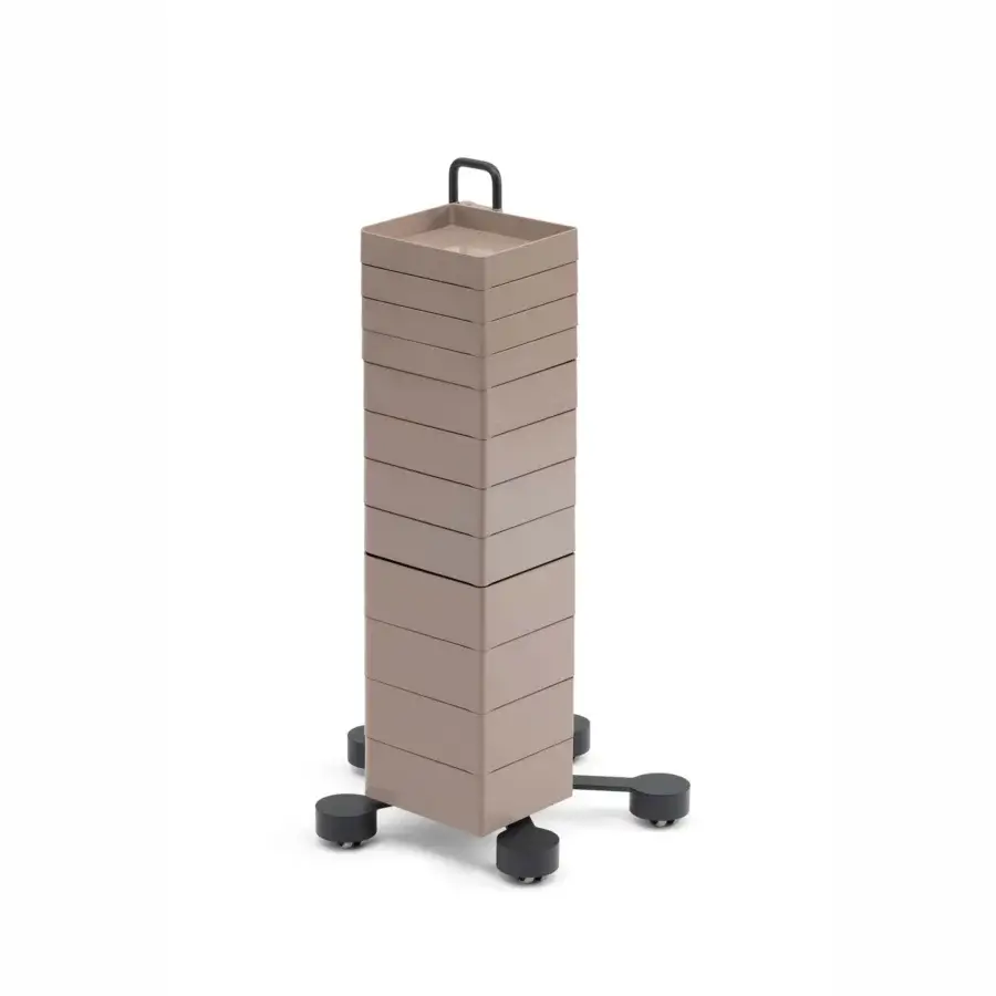 Sleek B-Line Spinny drawer storage unit in muted taupe ABS plastic with dark grey painted steel base and swivel casters