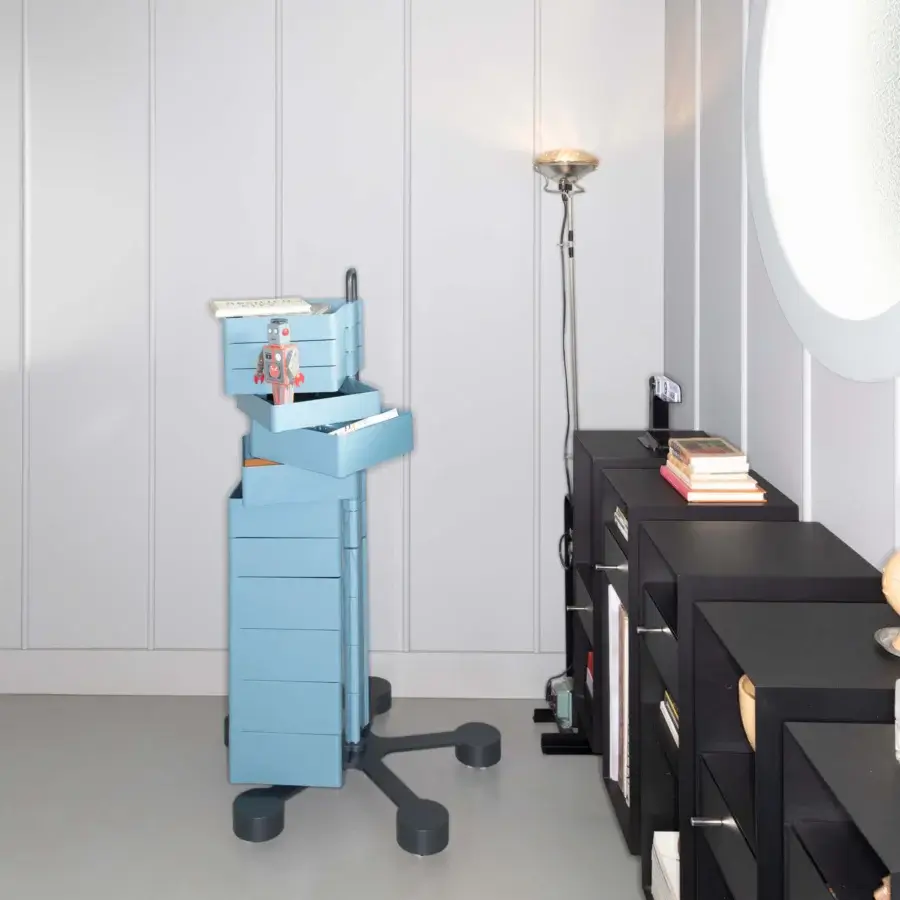Sophisticated B-Line Spinny storage unit with light blue ABS plastic rotating drawers and dark grey painted steel base