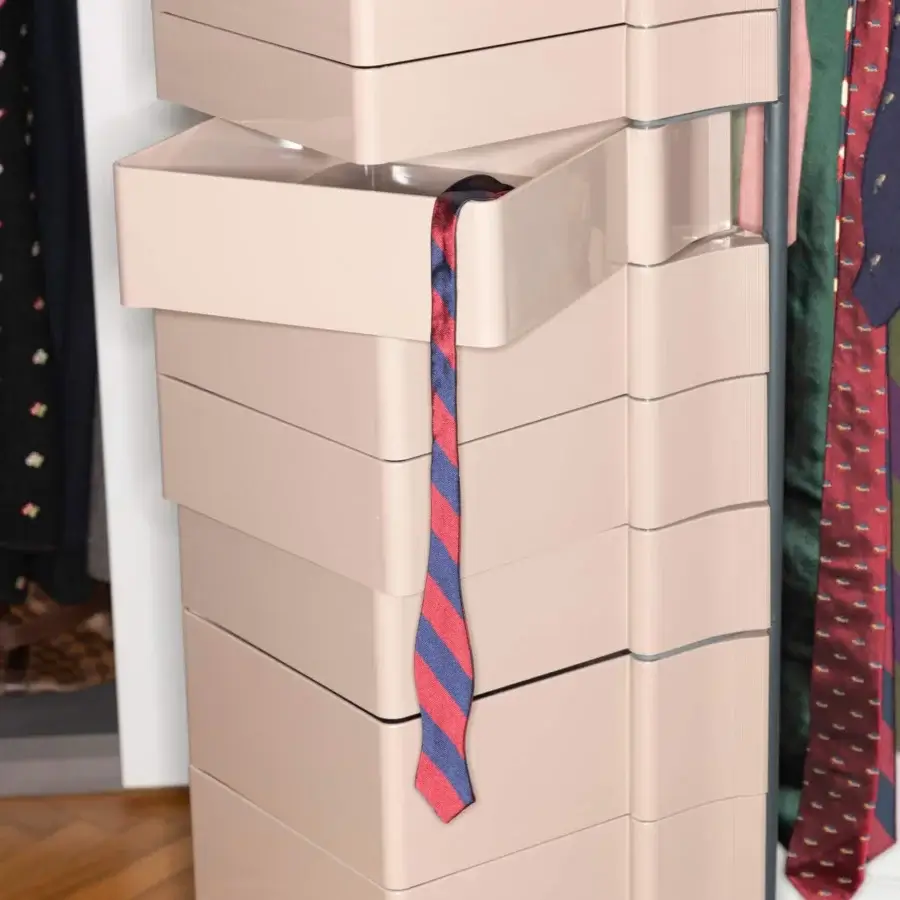 Architectural B-Line Spinny drawer storage unit in muted pale taupe painted steel and ABS plastic with glossy finish