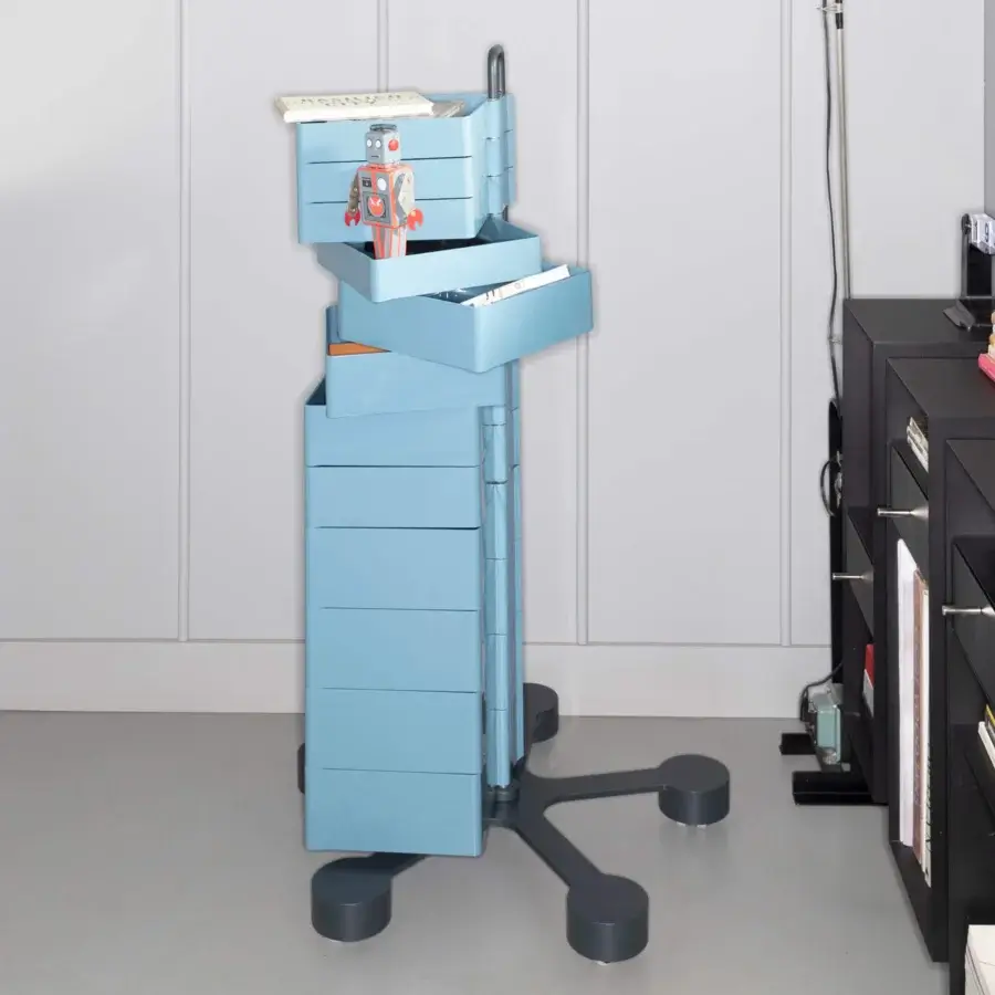 Sophisticated B-Line Spinny drawer storage unit in light blue ABS plastic and dark gray painted steel with swivel casters