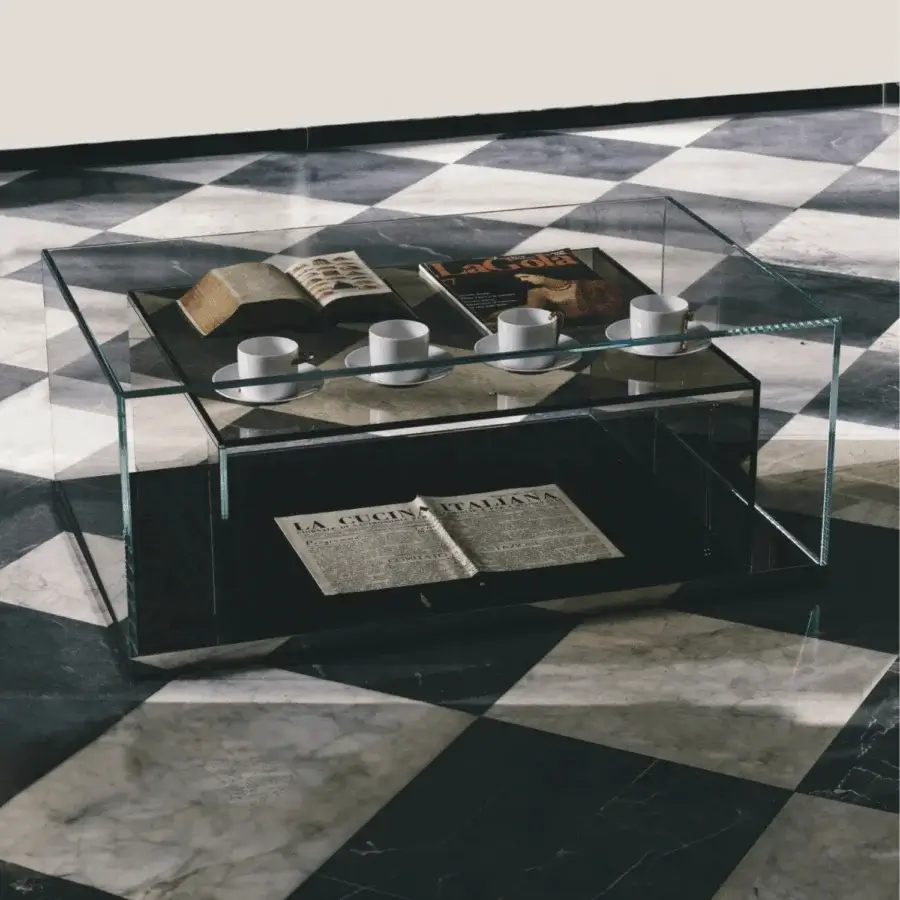Sleek Glas Italia BoxInBox coffee table with a transparent glossy finish and minimalist low-profile rectangular design