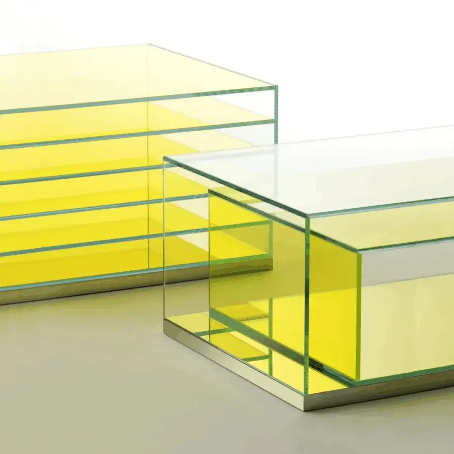 Distinctive Glas Italia BoxInBox coffee table with yellow transparent and crystal clear glass on mirror polished steel base