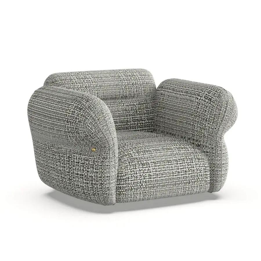 Architectural Furla Casa Moonstone lounge chair in salt-and-pepper textured textile with solid wood frame plus logo details