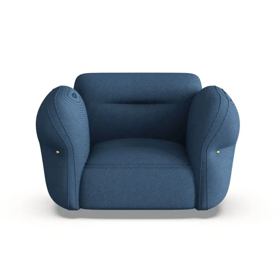 Exquisite Furla Casa Moonstone lounge chair in deep blue textured ribbed fabric with gold-toned logos and black beech feet