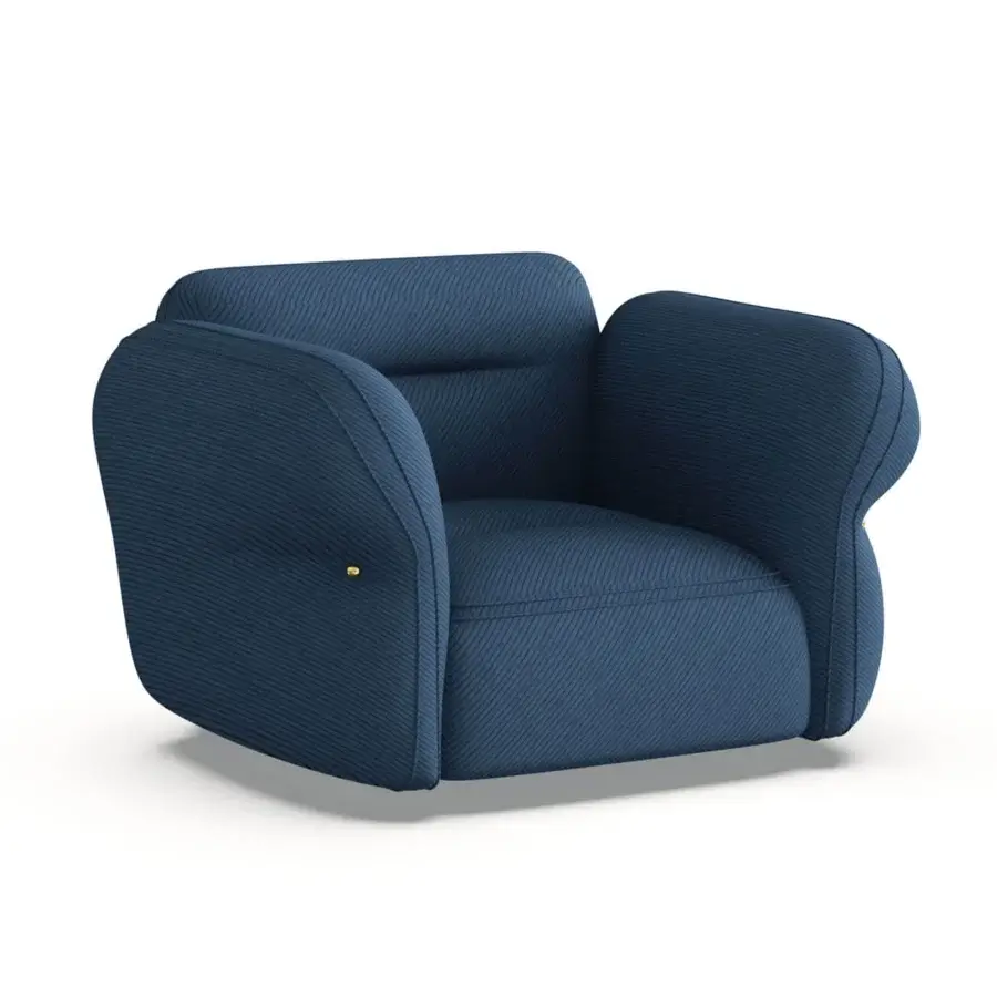 Sumptuous Furla Casa Moonstone lounge chair in deep blue ribbed textile with black beech wood feet and gold logo detail