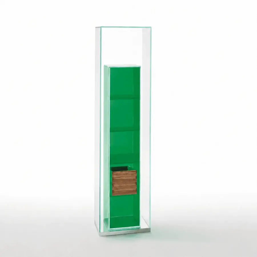 Sophisticated Glas Italia BoxInBox display case in crystal-clear and vibrant green glass with mirror-polished stainless steel