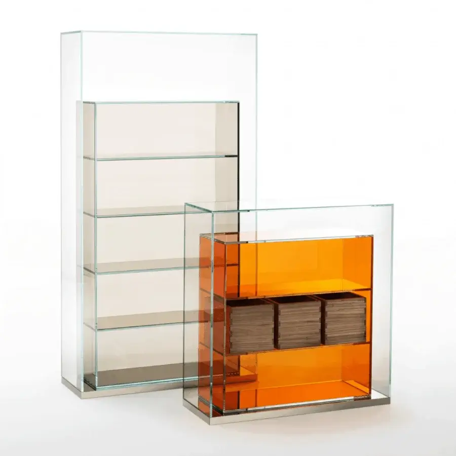 Exquisite Glas Italia BoxInBox bookcase in orange transparent glass and clear outer shell with polished stainless steel base