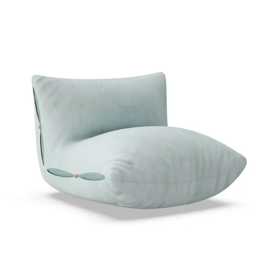 Sumptuous Furla Casa Cherry Blossom lounge chair in soft pastel blue textile with gold-toned hemispherical logo accents