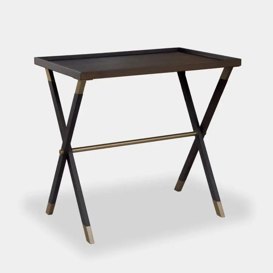 Exquisite Vèlle Milano Aliseo side table in dark brown solid wood with brushed brass detailing and angular X-frame structure