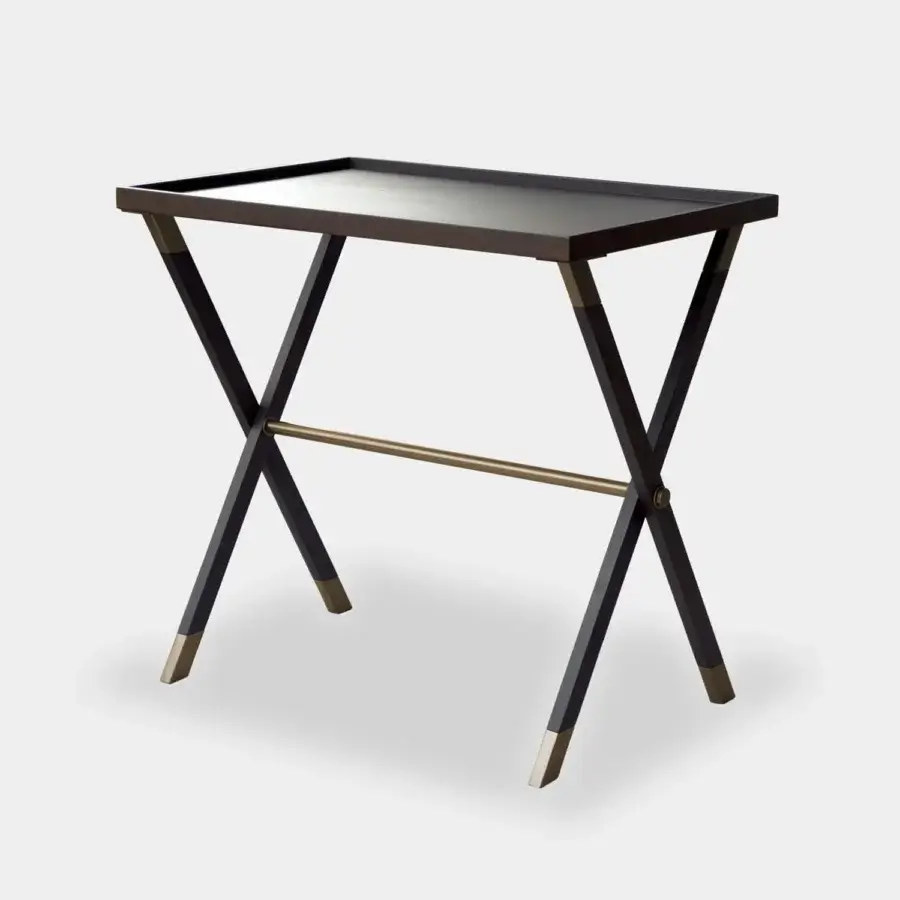 Architectural Vèlle Milano Aliseo side table in dark solid wood with brushed brass and contemporary X-frame structure