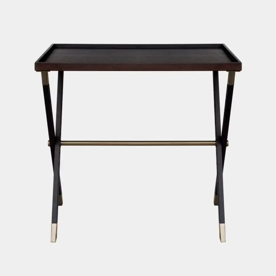 Sleek Vèlle Milano Aliseo side table in solid wood with a deep dark brown finish tray top and brushed brass detailing