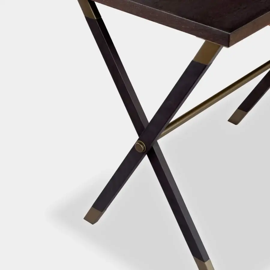 Exquisite Vèlle Milano Aliseo side table in dark-toned solid wood with brushed brass and muted gold tray-style top