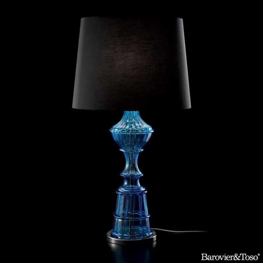 Exceptional Barovier&Toso Samurai lamp with vibrant blue Murano glass base and satin metal, topped with a matte black lampshade