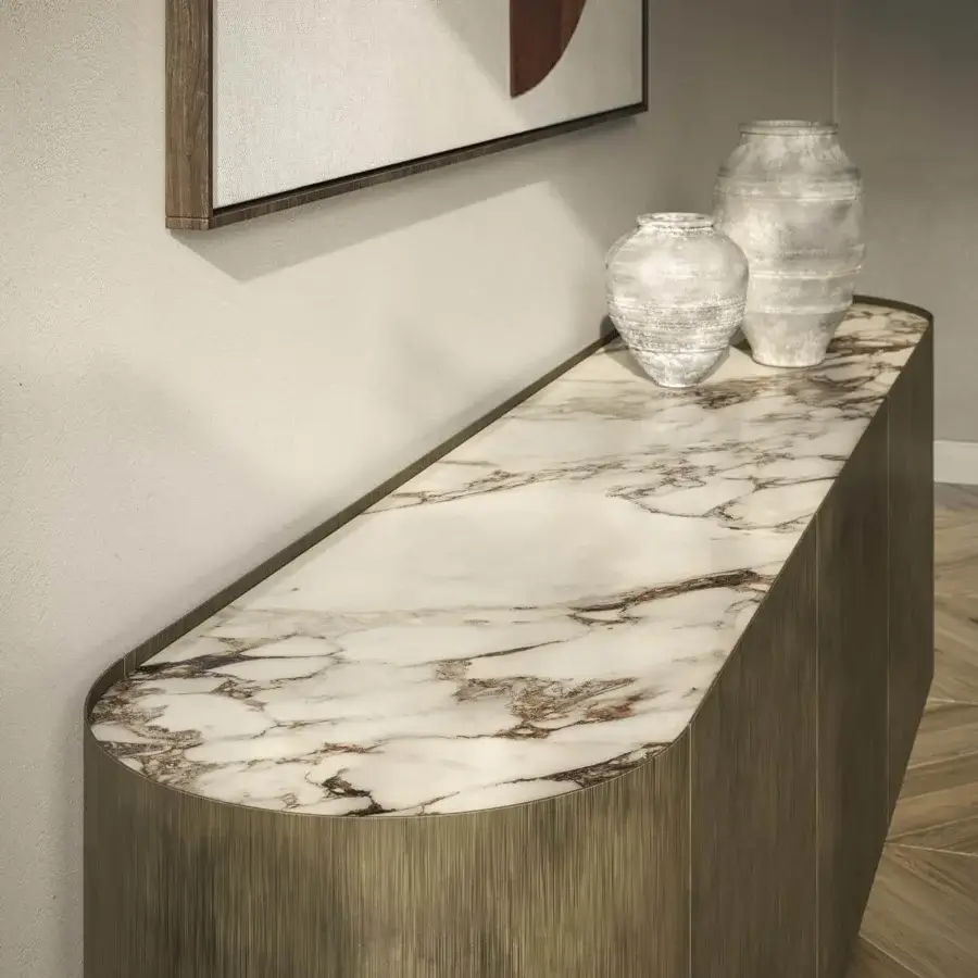 Superior Cattelan Italia Savoy sideboard with sinuous curves and bronze embossed lacquered steel built with a white ceramic top displaying brown veining