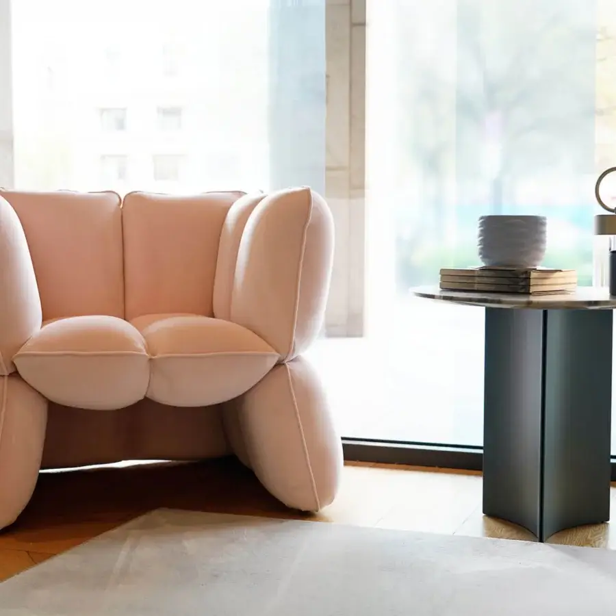 Exquisite Furla Casa Fiore lounge chair in soft pale pink textile with organic bulbous silhouette and metal frame