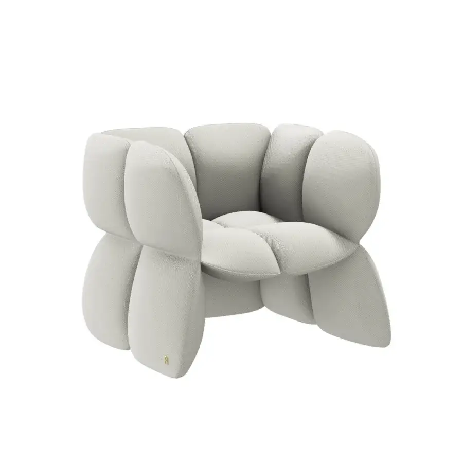 Sophisticated Furla Casa Fiore lounge chair in light grey textile with bulbous organic curves and metal arch logo