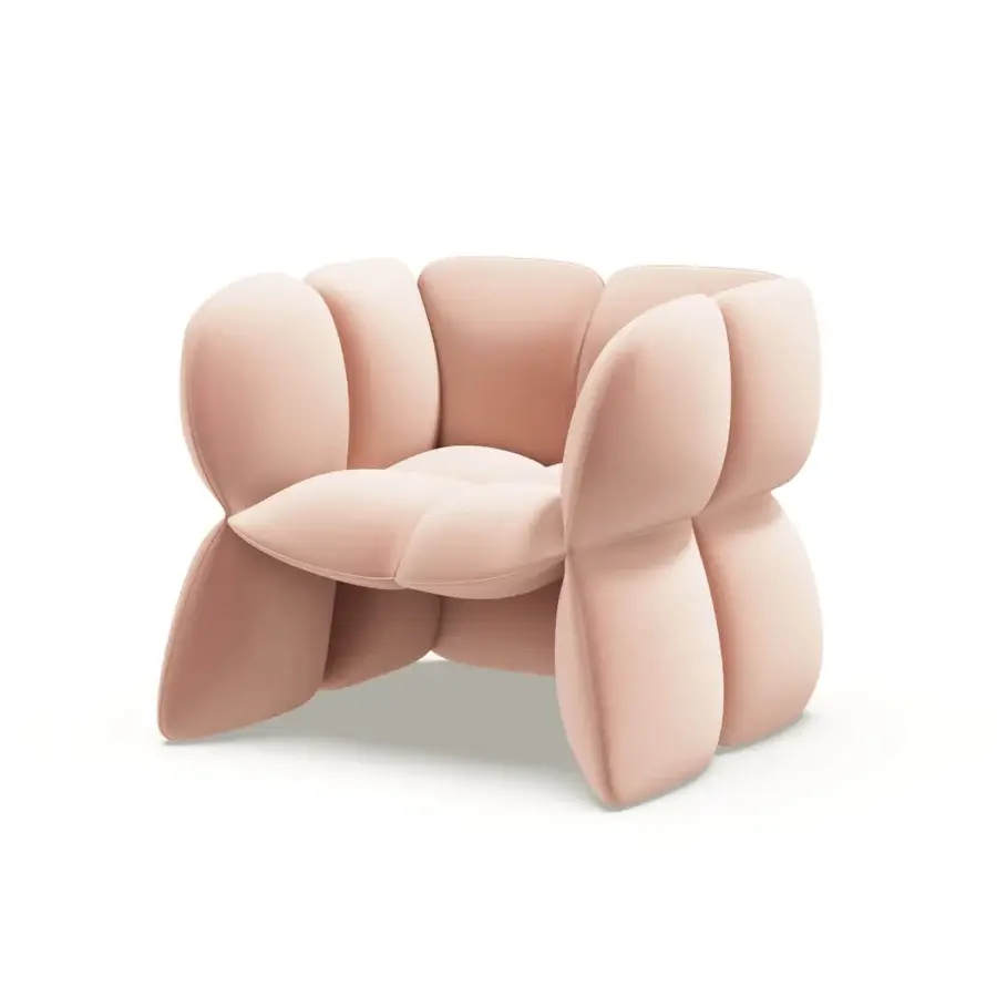 Refined Furla Casa Fiore lounge chair in pale pink fabric with sculptural petal-inspired silhouette and metal arch logo
