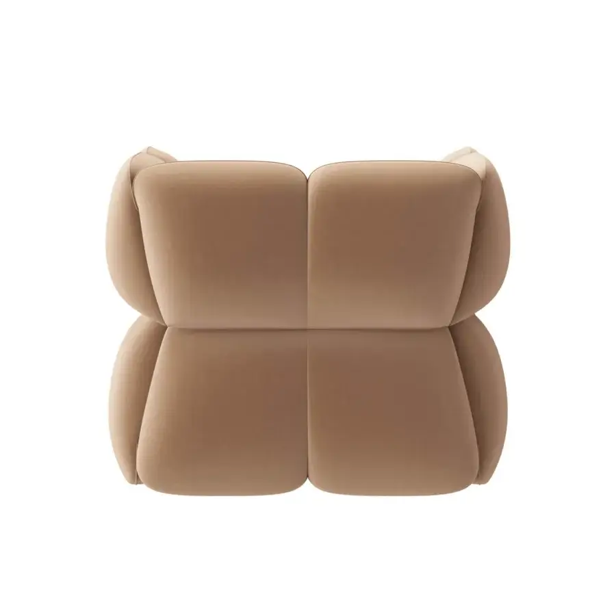 Distinguished Furla Casa Fiore lounge chair in muted tan fabric with matching piping and bulbous metal arch logo