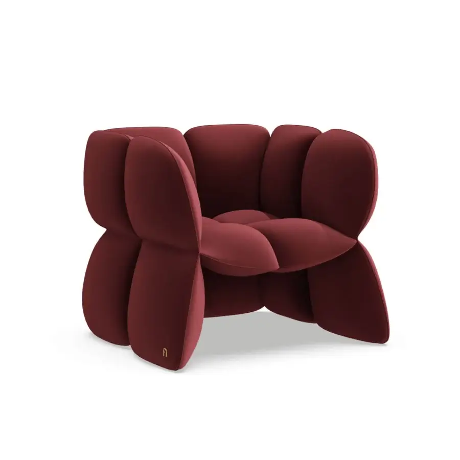 Architectural Furla Casa Fiore lounge chair in deep burgundy fabric with metal frame and organic petal-like contours