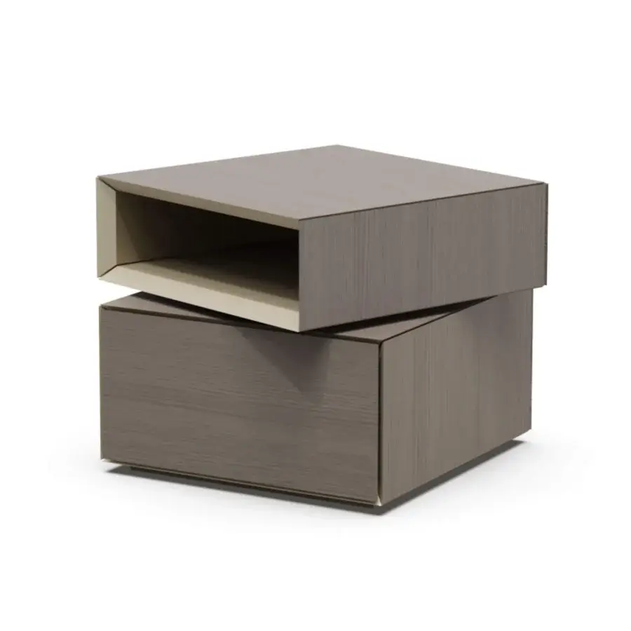 Sophisticated Furla Casa Geo nightstand in Rovere Argilla veneer with birch plywood drawer and swivel upper unit