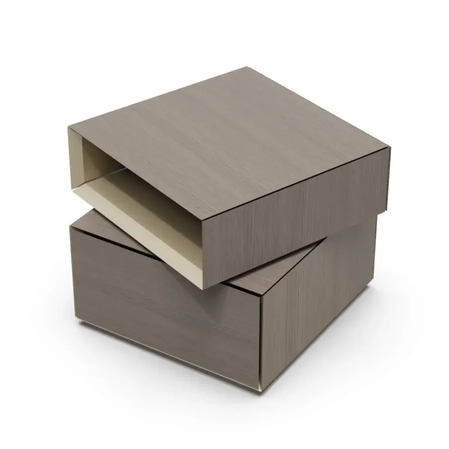 Exquisite Furla Casa Geo nightstand in muted grey-brown Rovere Argilla veneer with rotating metal and lacquered interior