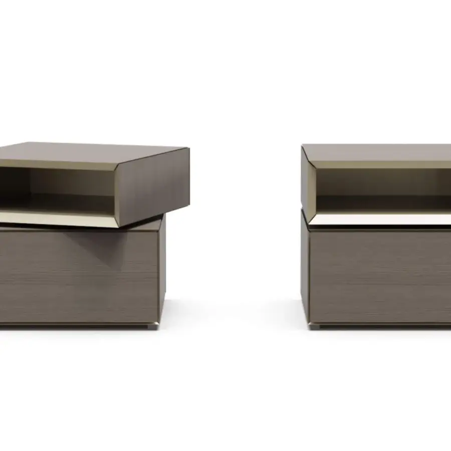 Distinguished Furla Casa Geo nightstand in taupe-brown Rovere Argilla wood veneer with champagne-gold metal accents
