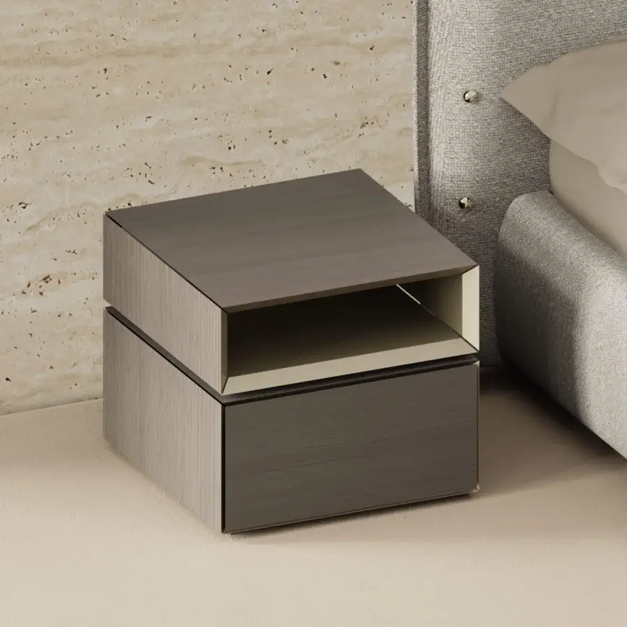 Sophisticated Furla Casa Geo nightstand in muted taupe Rovere Argilla wood veneer with rotating metal element and plinth base