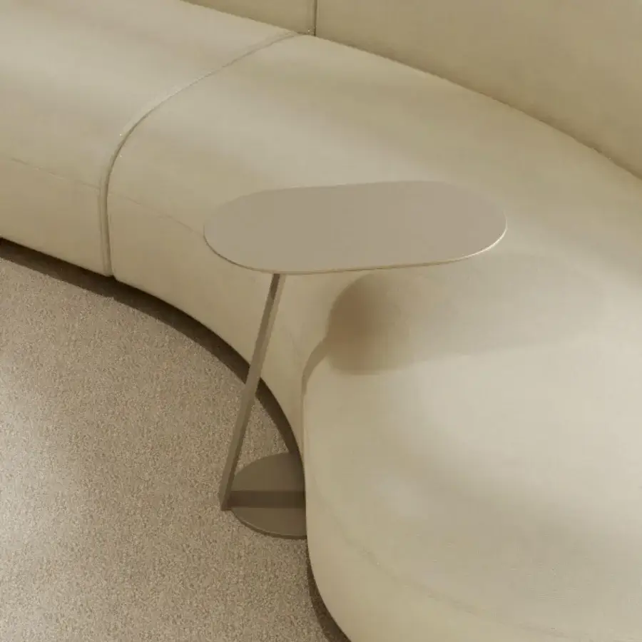 Premium Furla Casa Magica side table in muted taupe with lacquered veneered wood oval top and epoxy resin coated metal base