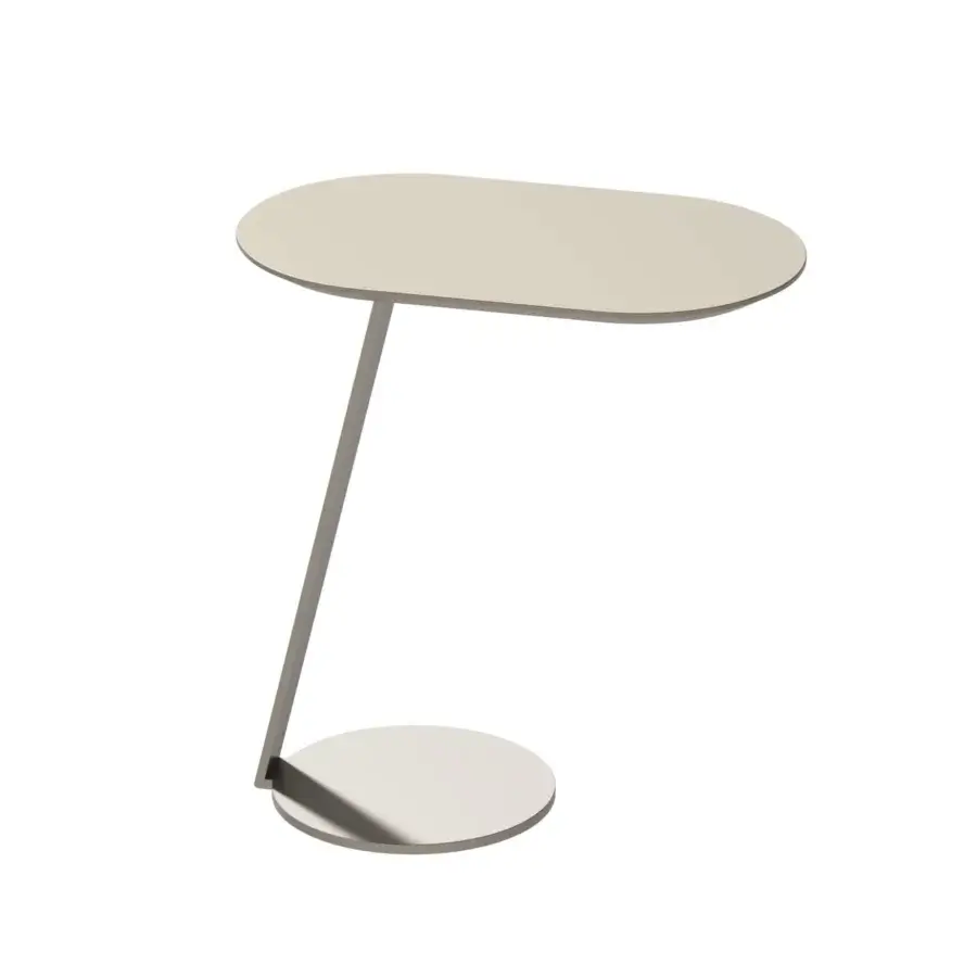 Refined Furla Casa Magica side table with asymmetrical oval beige lacquered veneered wood top and resin coated metal base