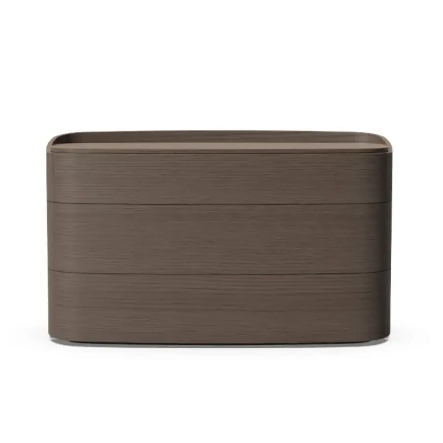 Sophisticated Furla Casa Miastella dresser in dark brown noce canaletto wood-grain veneer with organic rounded silhouette