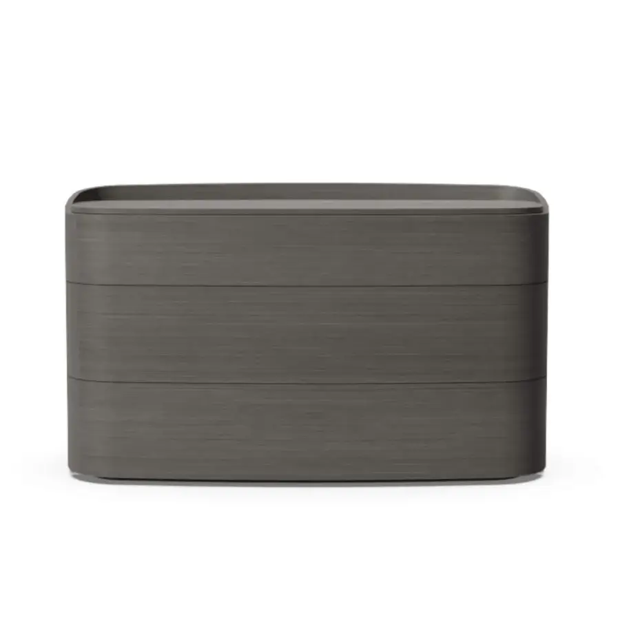 Exceptional Furla Casa Miastella dresser with capsule silhouette in charcoal wood-grain veneer and eco-leather bottoms