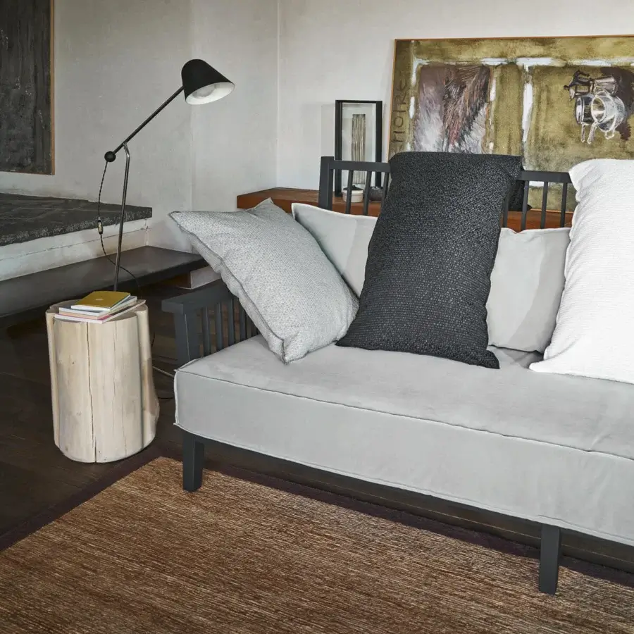 Distinguished Gervasoni Gray 03 sofa with low-profile rectangular silhouette, charcoal structure, ash wood and textured cushions