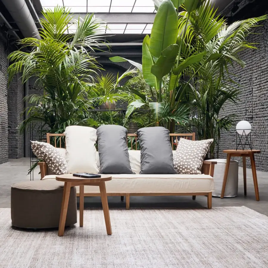 Architectural Gervasoni Gray 03 sofa in light natural brown ash wood with cream seat and patterned down cushions