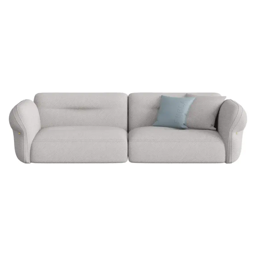Refined Furla Casa Moonstone sofa in light grey textile with organic rounded contours and black finished beech wood feet