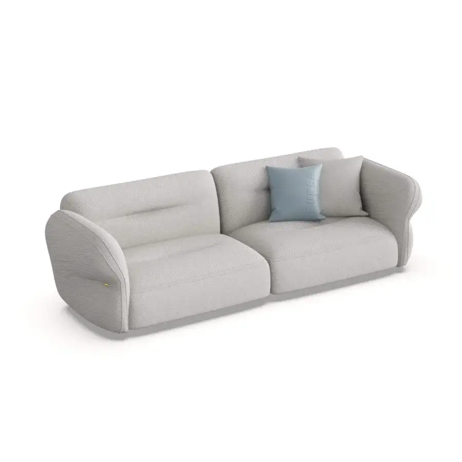 Architectural Furla Casa Moonstone sofa with organic curves in light grey textile and black finish on solid beech wood feet