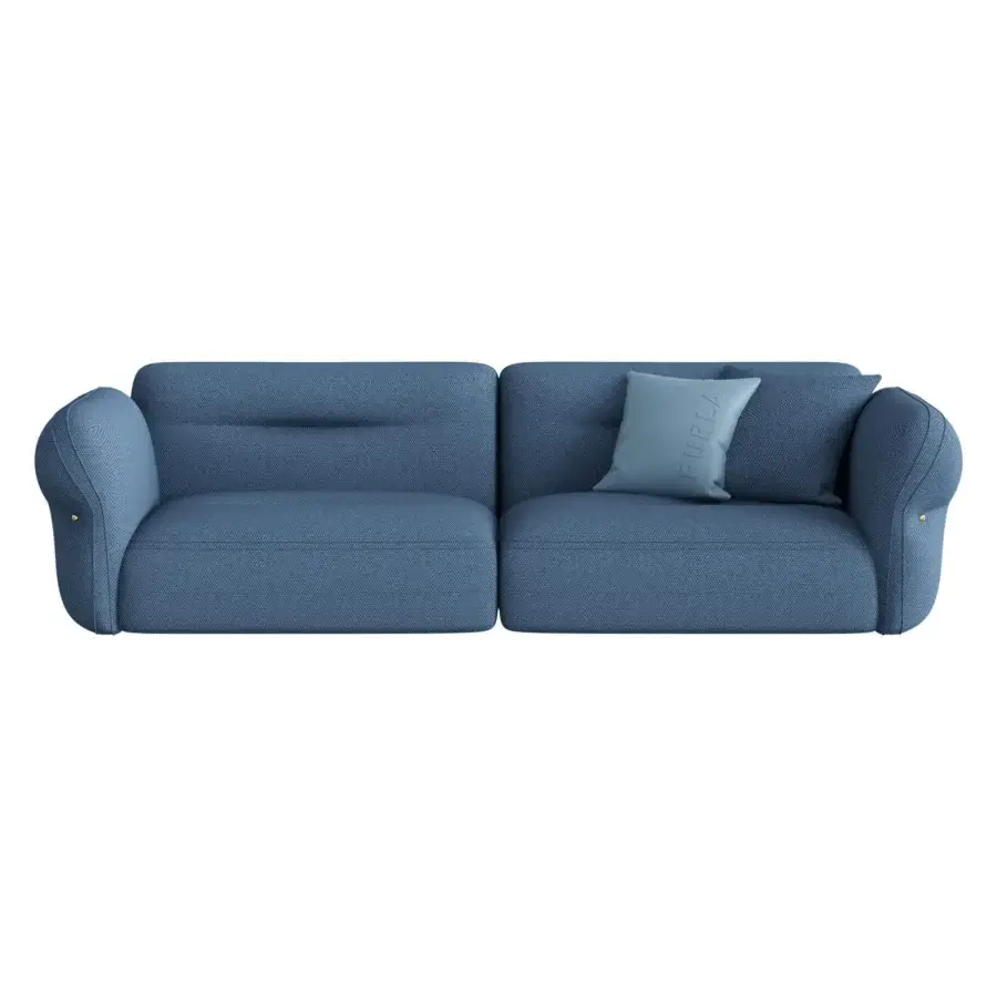 Sumptuous Furla Casa Moonstone sofa in deep blue textured textile with organic curves and black finish beech wood feet